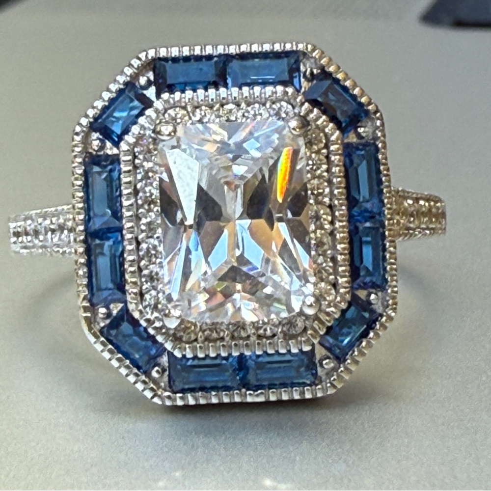 Sterling Silver Lab Sapphire Ring with Intricate Detailing Size 7 - Picture 12 of 15
